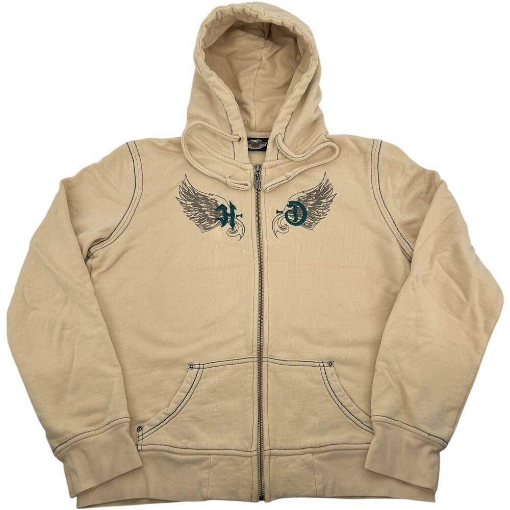 VTG y2k Womens Cream Harley Davidson Angel Wings Full Zip Hoodie Sweatshirt Sz L